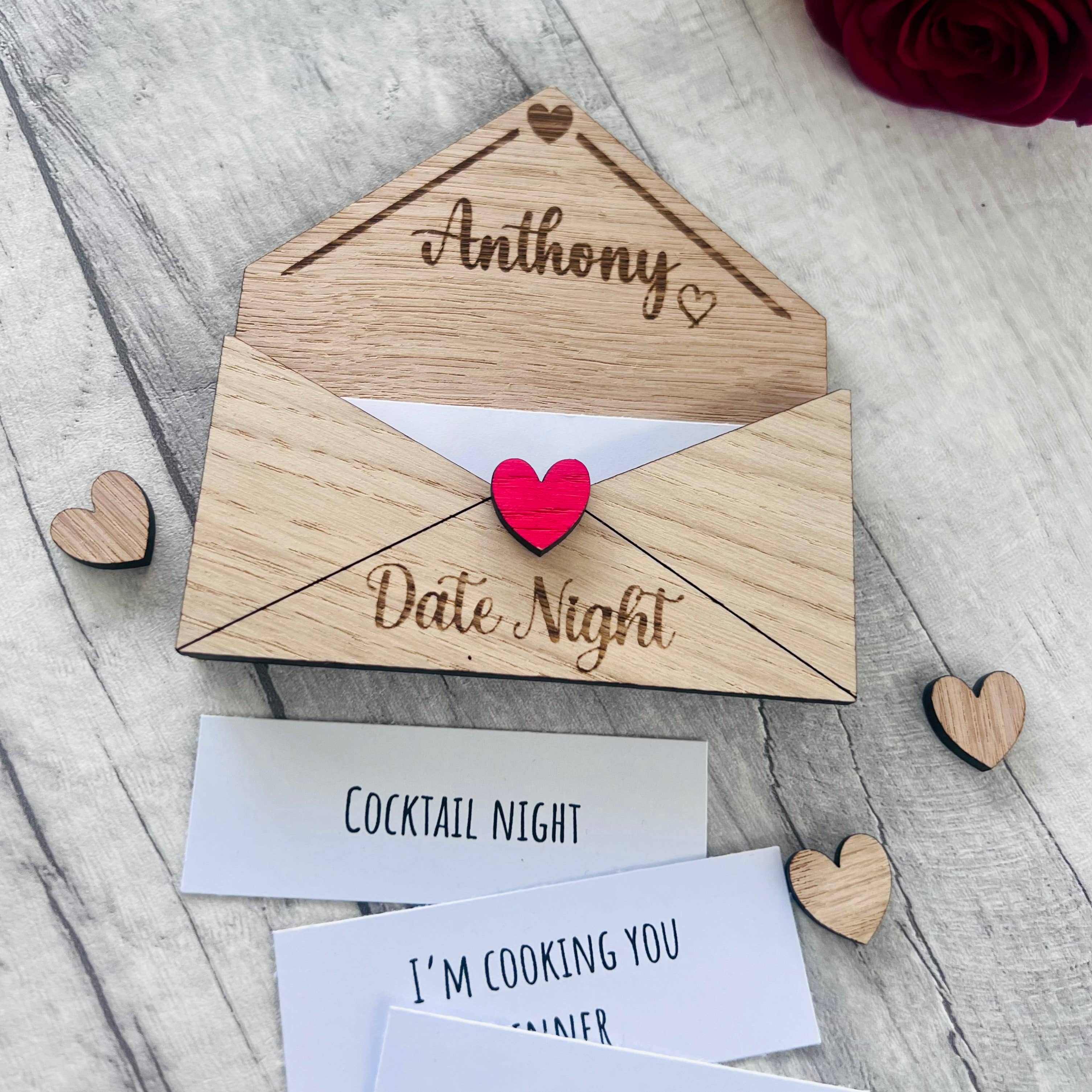 Personalised Wooden Date Night Gift - Engraved Love Letter Keepsake with Custom Name - Romantic Couples Gift with Surprise Date Ideas